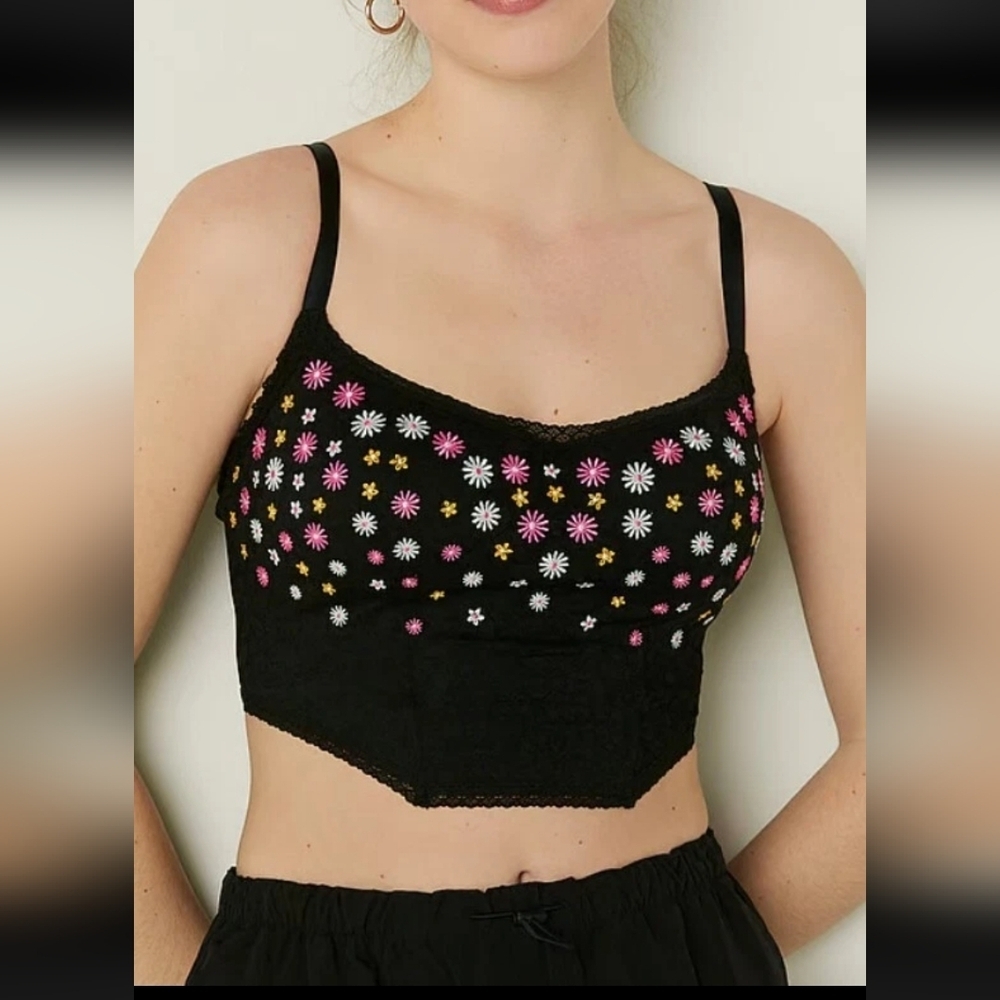 PINK Victoria's Secret Black Corset Built-in Bra with Floral Embroidery Size M